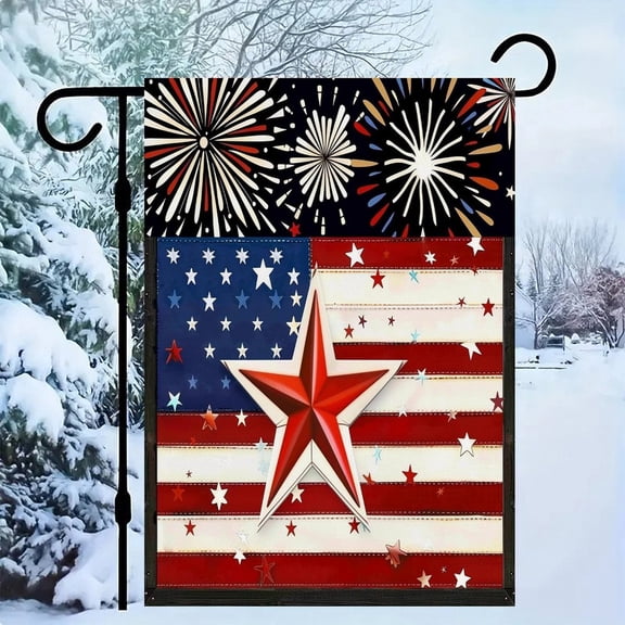 RKSupls Patriotic Linen Double Sided Garden Flag, Independence Day Themed Yard Decor, Fireworks Flag Red Star Outdoor Banner for Holiday Lawn