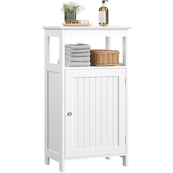 White Narrow Floor Storage Cabinet with Door and Open Shelf, Compact Wooden Organizer for Bathroom, Kitchen, or Living Room, Ideal for Small Spaces