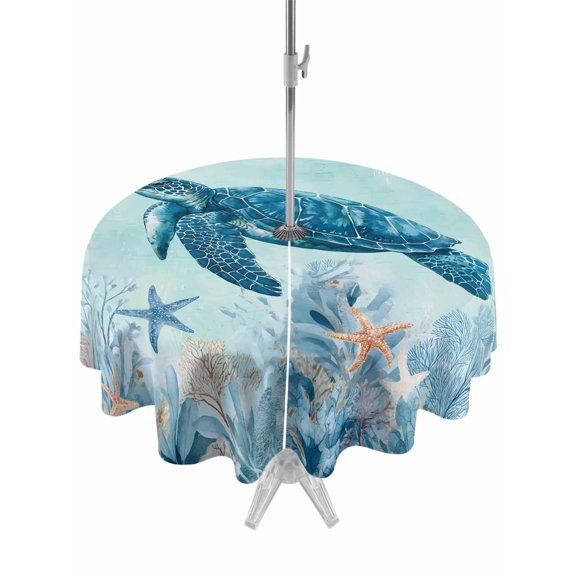 Outdoor Tablecloths with Umbrella Hole & Zipper, Coastal Turtle Blue Round Tablecloth 54 Inch, Summer Beach Nautical Coral Starfish Waterproof Table Cloth, Patio/Pool/Picnic Table Covers