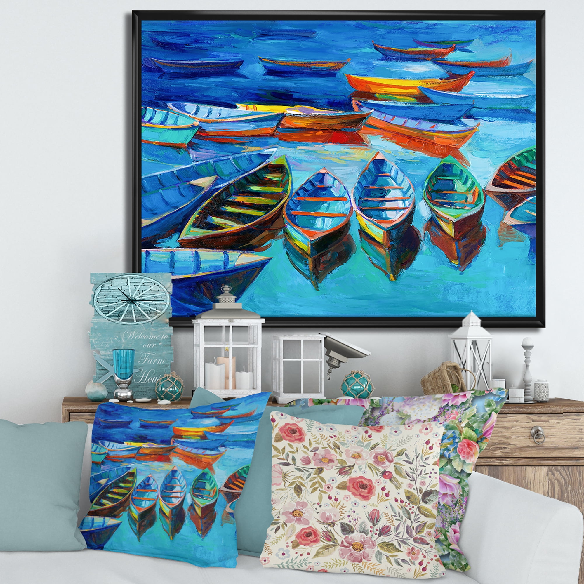 Little Boats Wating In The Blue Harbour 32 in x 16 in Framed Painting Canvas Art Print, by Designart