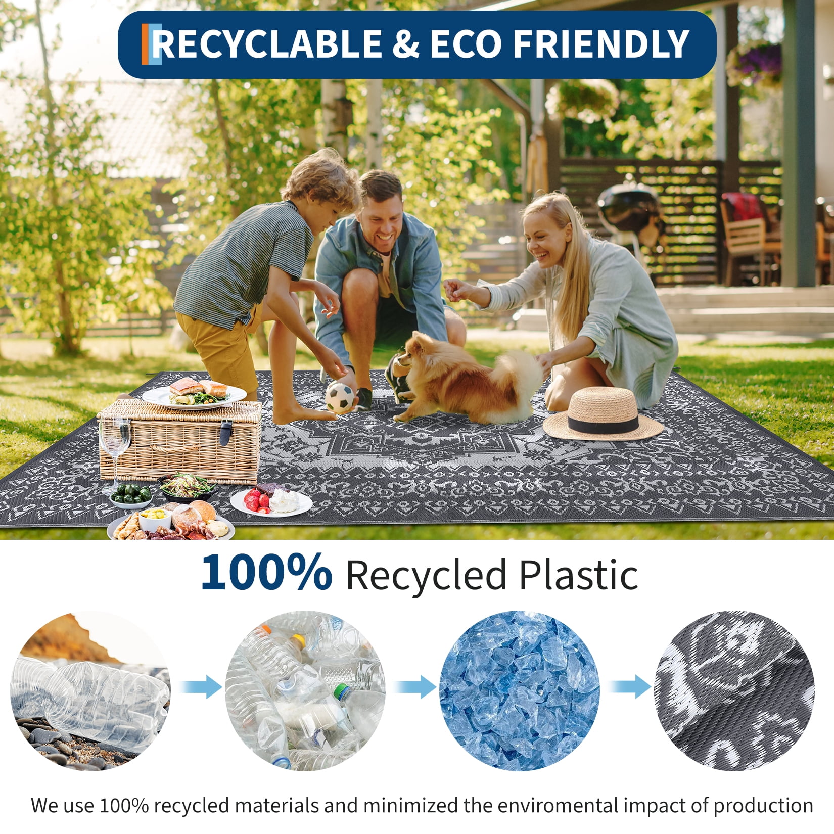 Waterproof Reversible Outdoor Rug 8x10ft – Large Plastic Straw Patio Carpet, Vintage Medallion, Durable All-Weather Mat, for Deck, Balcony, Pool, Camping, RV, Picnic – Gray, USA