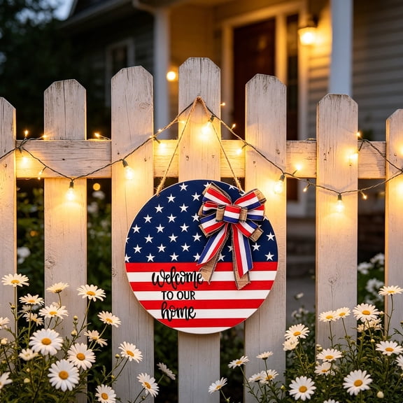 4th of July Patriotic Welcome Sign, 12In Round Wooden Door Hanger, American Flag Bow, for Memorial Day Independence Day Porch Farmhouse Decor