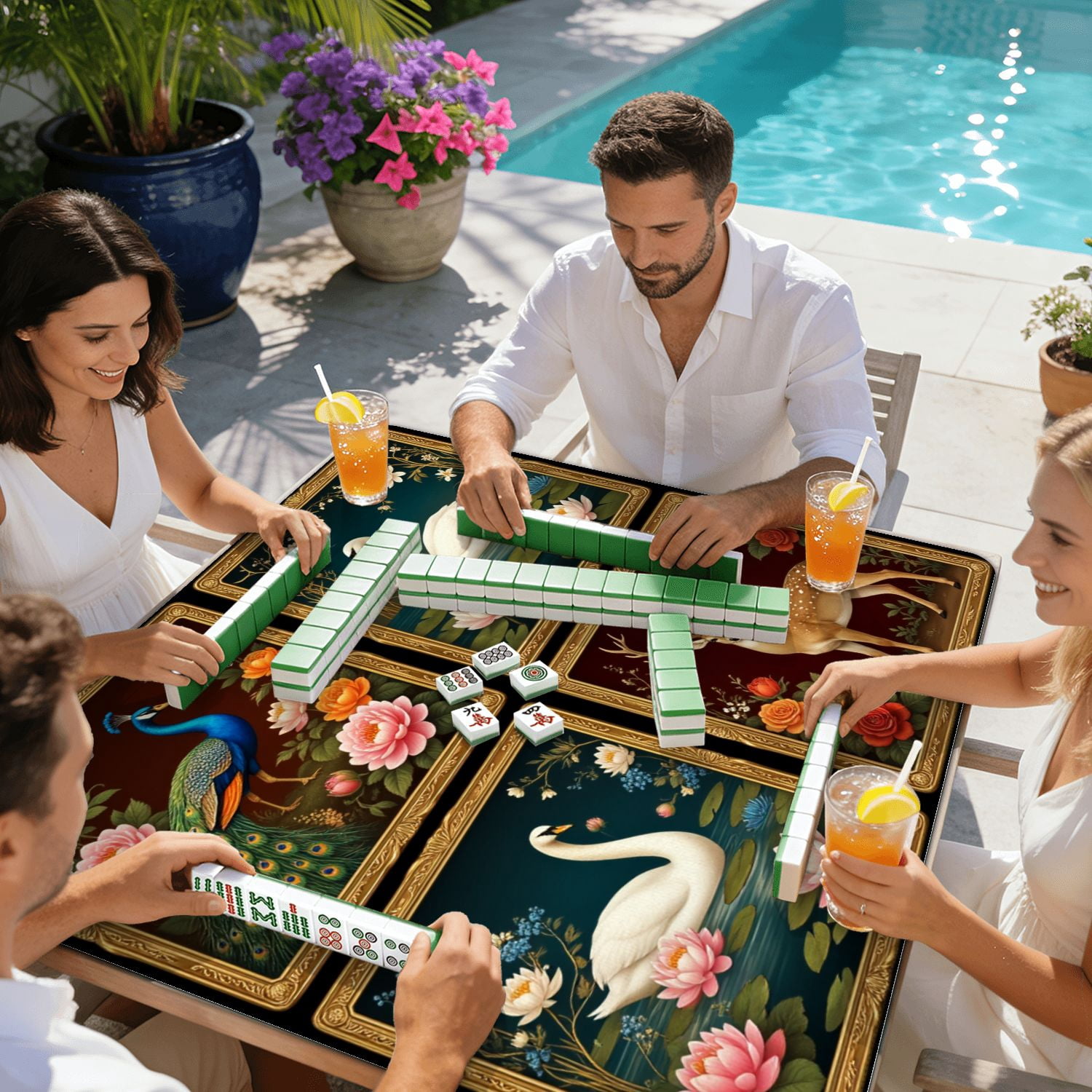 Mahjong Mat 31.5" x 31.5" Peacock Swan Deer Lotus Flowers Roses Classic Botanical Art Style Non-Slip Noise Reduction American Mahjong Tiles Table Cover for Dominoes Poker Card Board Games Gift