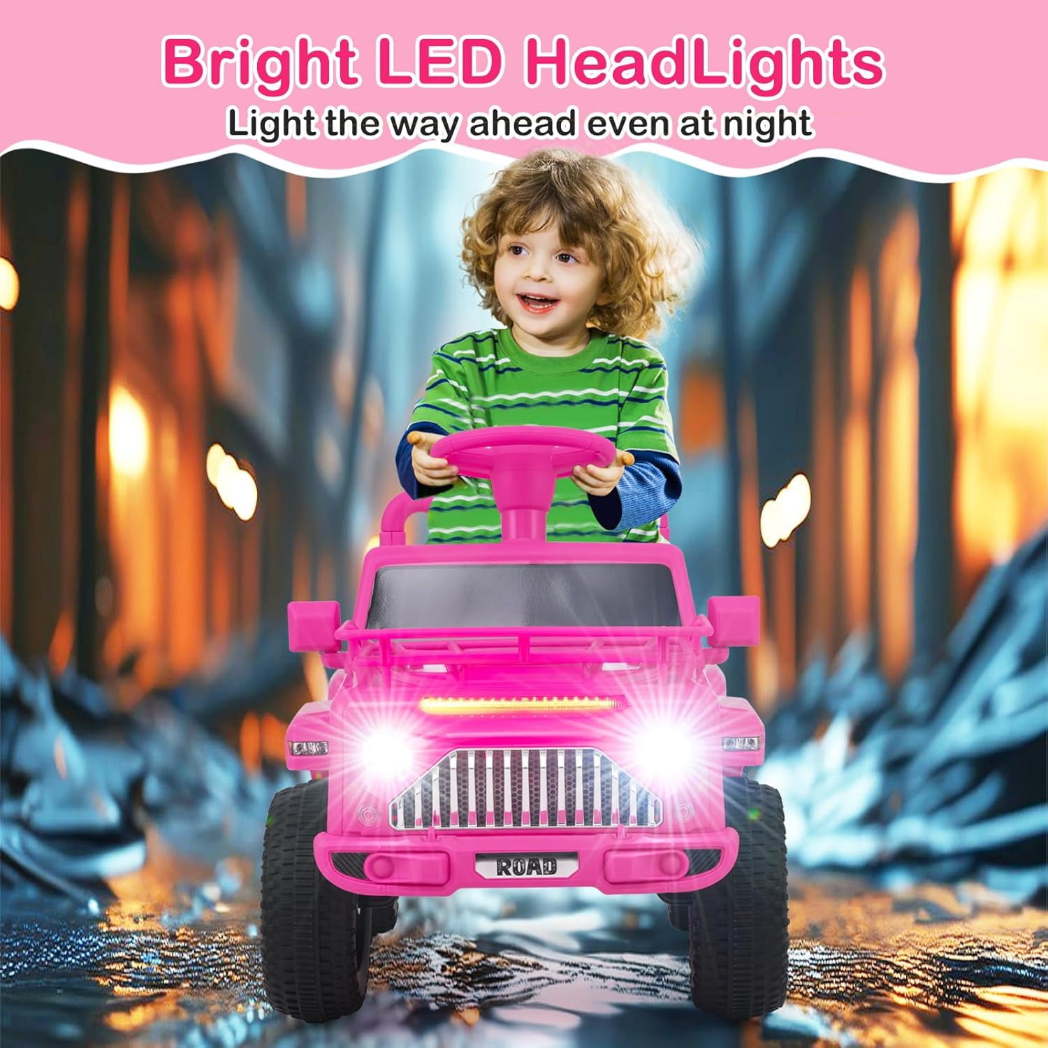 OLAKIDS Kids Ride on Car, 6V Battery Powered Electric Vehicle ATV for Toddlers with Foot Pedal, Music, Horn, Radio, Rear Storage, LED Lights, USB, 4 Wheels Toys for Boys Girls Aged 3-8 Years