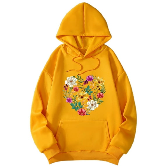 Wang6 Black Oversized Graphic Hoodies for Womens Loose Fit Floral Printed Pullovers Sweatshirts Teen Girls Trendy Fall Long Sleeve V Neck Tops with Pocket Yellow XL