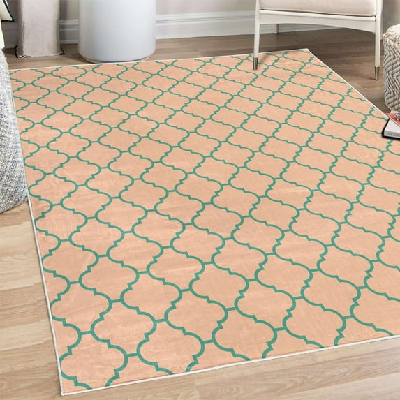 Geometric Decorative Rug, Simple Monochrome Patterns Linked Forms on Plain Background Modern, Quality Carpet for Bedroom Dorm and Living Room, 6 Sizes, Blush Teal, by Ambesonne