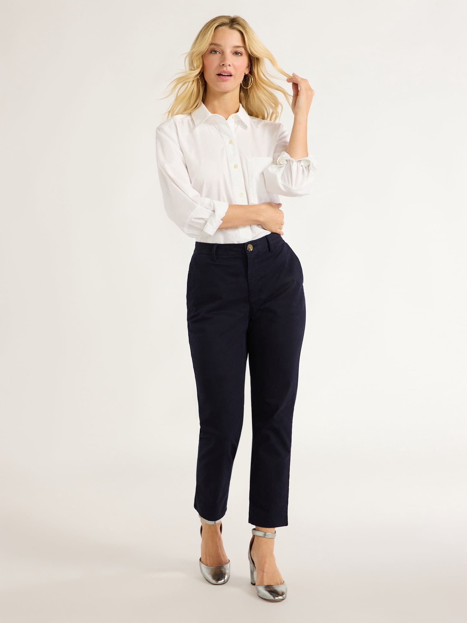 Free Assembly Women’s and Women's Plus Button Front Boxy Cotton Tunic Shirt with Long Sleeves, Sizes XS-4X