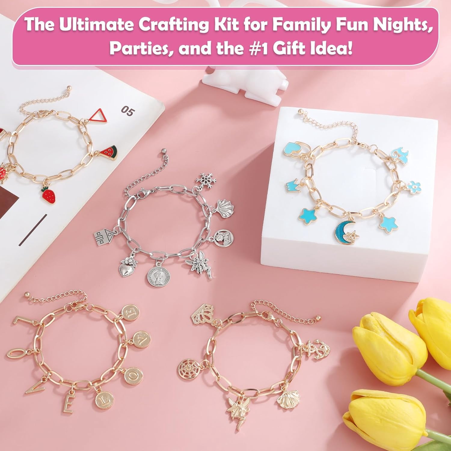 TAVENE 477Pcs DIY Charm Bracelet Making Kit, Gold & Silver Charms, Paperclip Chain & Alphabet Charms, Jewelry Supplies
