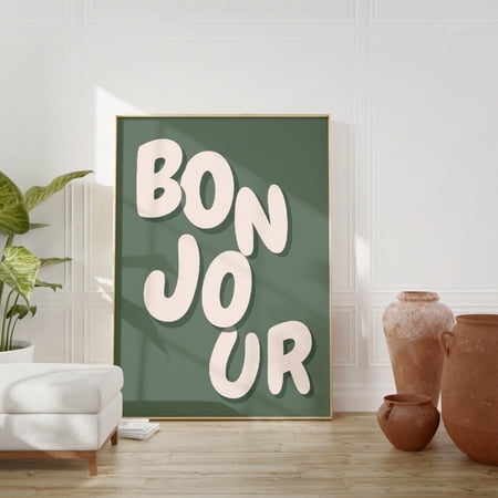 Bonjour French Phrase Sage Green Wall Art, Unframed Paper Print Size 8x12