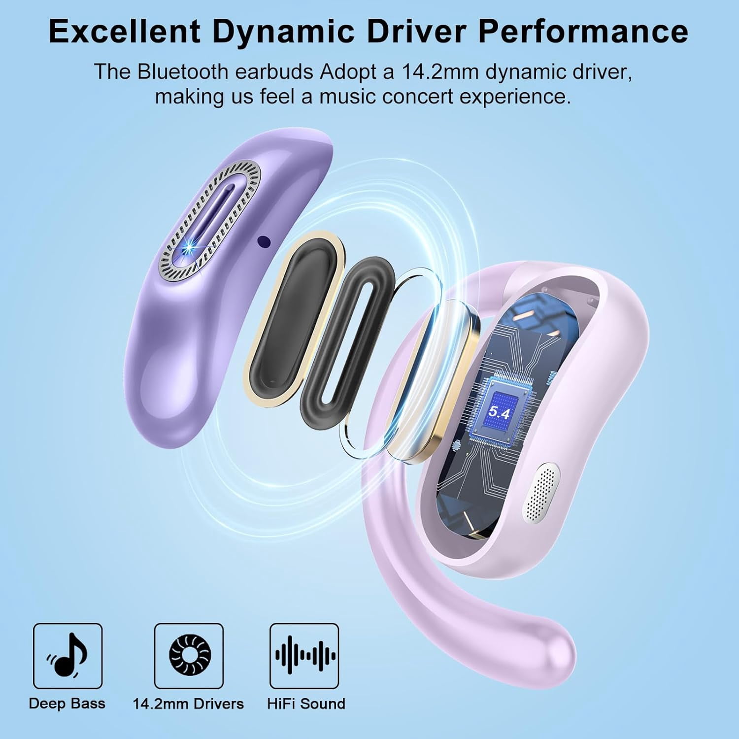 Open Ear Headphones, Bluetooth 5.4 Earbuds, 50H, Air Conduction Ear buds, HD Stereo Bass Over Ear Earphones with Earhooks, Ultra-Comfort Secure Fit, Waterproof Headset for Working Sports, Dark Purple