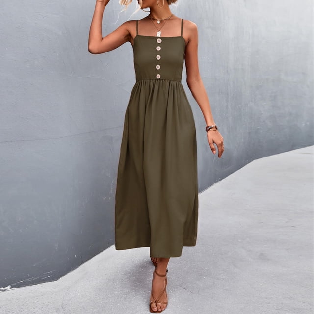 FcBaudy Robe Sans Manches à Col Rond, Robes d'Été pour Femmes, Robes d'Été pour Femmes Robe à Bretelles Boutonnée Robe Longue Décontractée Unie