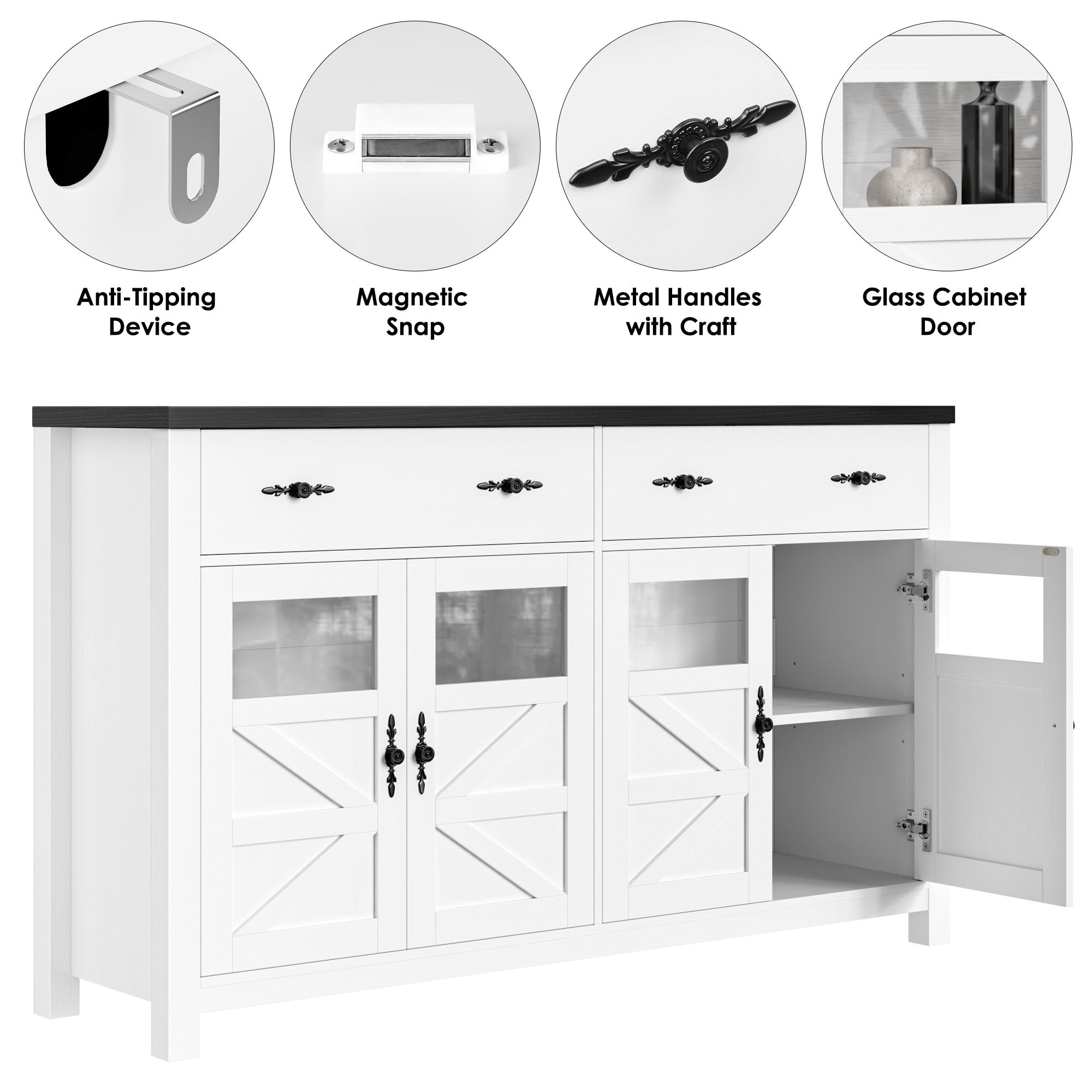 Homfa 55.1" Farmhouse Buffet Cabinet with Storage Drawer & Adjustable shelf, Kitchen Storage Cabinet with 4 Glass Door, Large Wood Sideboard Credenza for Dining Room, White & Black