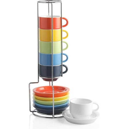 

SWEEJAR Porcelain Espresso Cup & Saucer Set with Metal Stand 2.5 OZ Set of 6 Multicolor