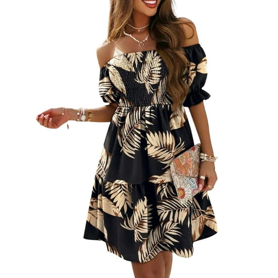 FASHIONWT Women Ruffle Boat Neckline Short Sleeve Mini Short Beach Print Dress
