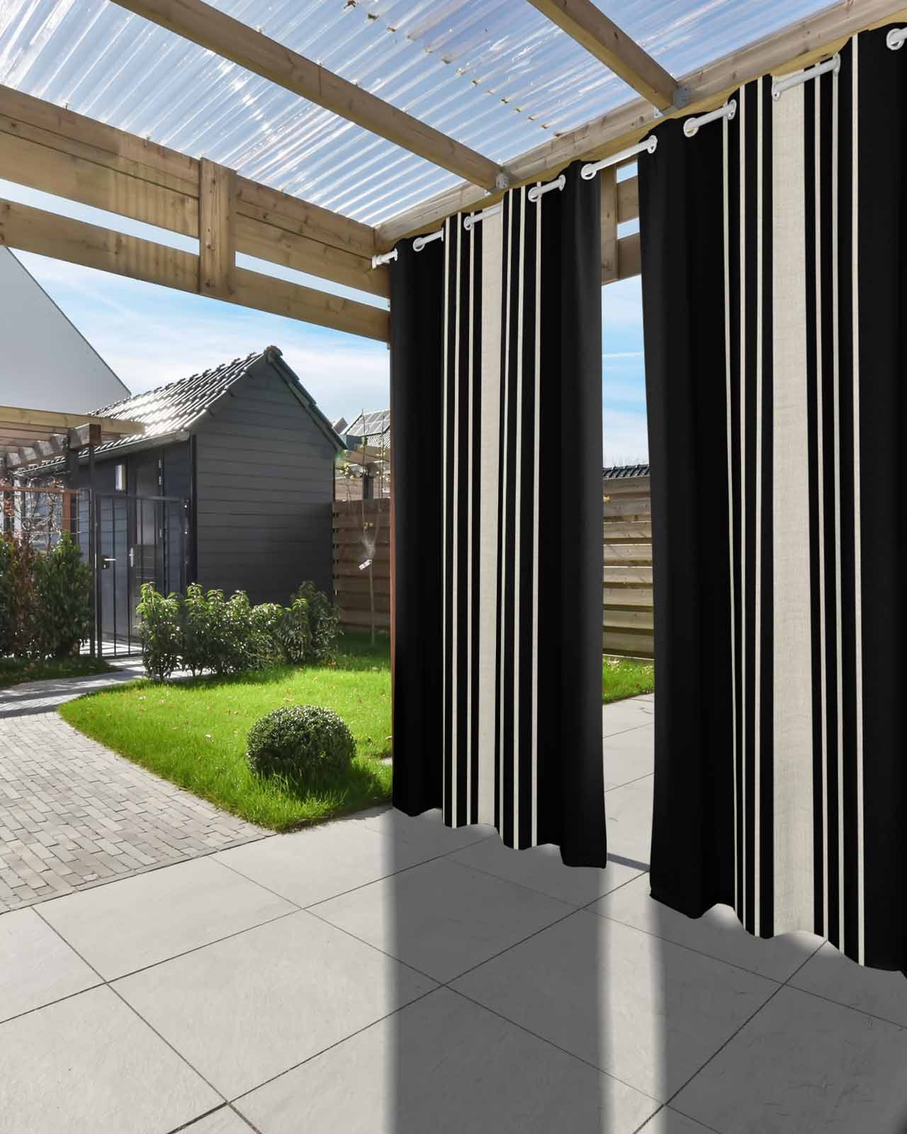 Black Beige Striped Outdoor Curtains for Patio, Modern Farmhouse Retro Lines Privacy Drapes Grommet Waterproof Outside Curtains for Porch/Cabana/Balcony 54"x 108", 1 Panel