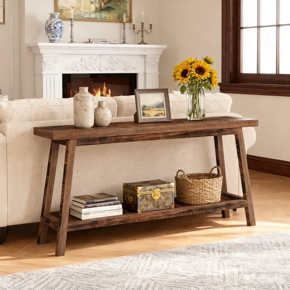 KIOOTTO 71 Inch Solid Wood Console Table, Extra Long Farmhouse Entryway Table with 2-Tier Storage, Rustic Brown Sofa Table for Behind Couch, Slim Foyer Table for Living Room