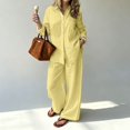 thumbnail image 6 of Linen Blend Long Sleeve Button Down Set for Women, Notched Collar Shirt & Wide Leg Pants - Casual Solid Color Two Piece Lounge Outfit with Pockets Yellow S, 6 of 6
