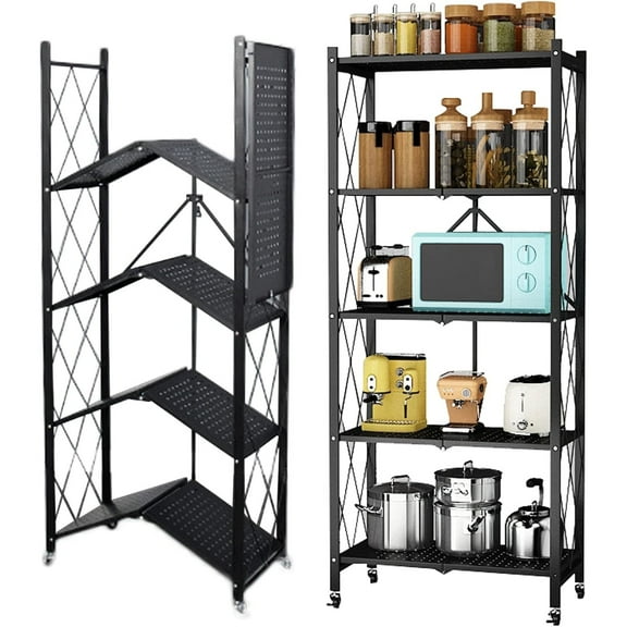 BITOUSHI 5-Shelf Foldable Storage Shelves with Wheels, Folding Metal Rack Shelving Unit, Heavy Duty No Assembly Organizer Shelf for Garage, Kitchen, Basement, Pantry, Black