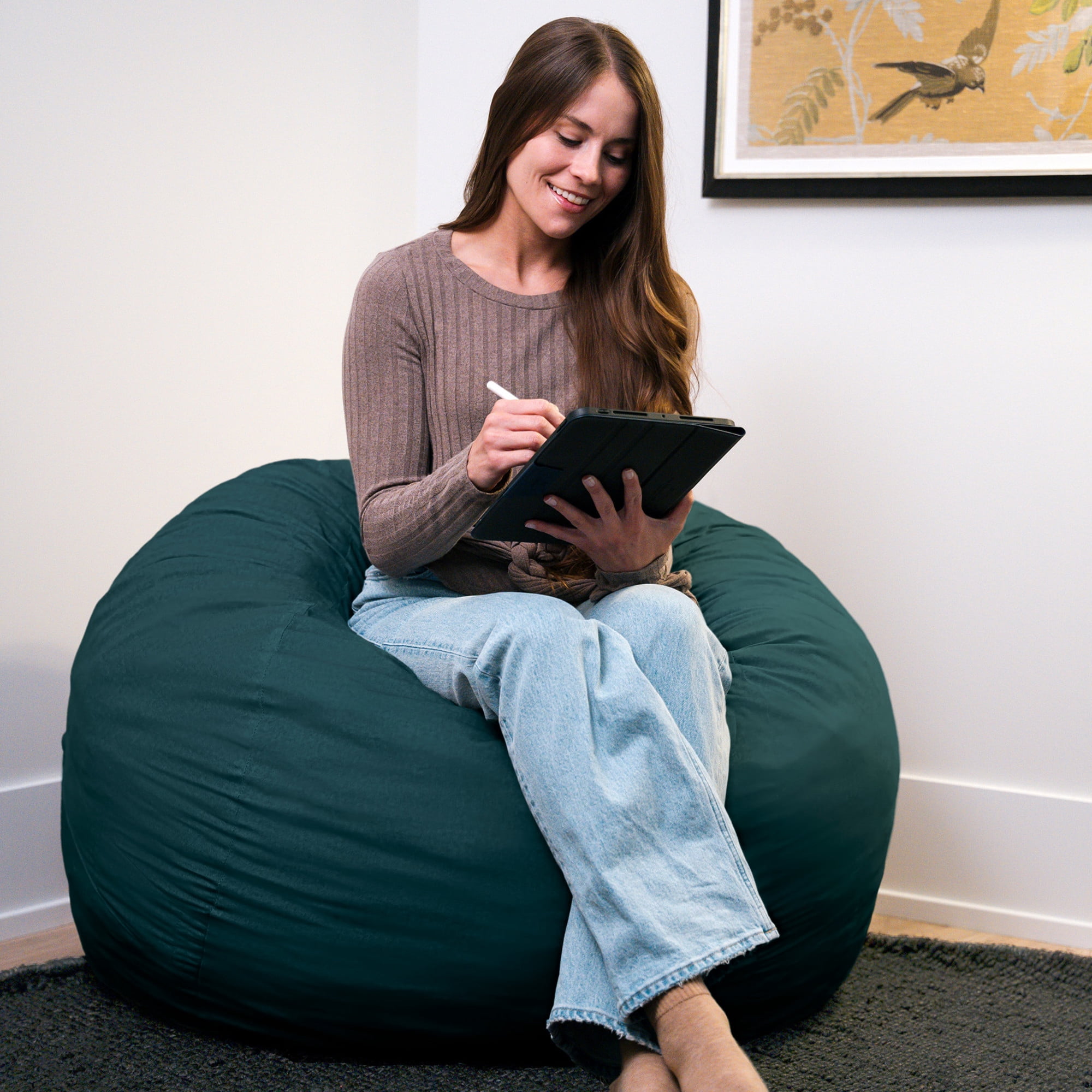 Big Joe Fuf 4Ft Foam Bean Bag Chair with Removable Cover for Kids, Teens, Deep Sea Velveteen, Durable Woven Polyester, 4 foot Large Reading and Gaming Seat