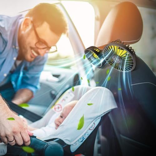 Car Fan for Backseat, Dual Head USB Car Seat Fan, 3 Speeds Strong Wind 360° Rotatable Vehicle Rear Headrest Fan for Car, Air Circulation Car Fans with Adjustable Clip for All Car Models Black+Green