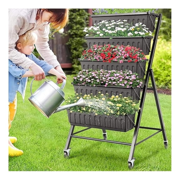 Vertical Raised Garden Bed Planter Box, 5 Tiers Vertical Garden Planter with Drainage System and 4 for Plants Vegetables Flowers (Black with Wheels)