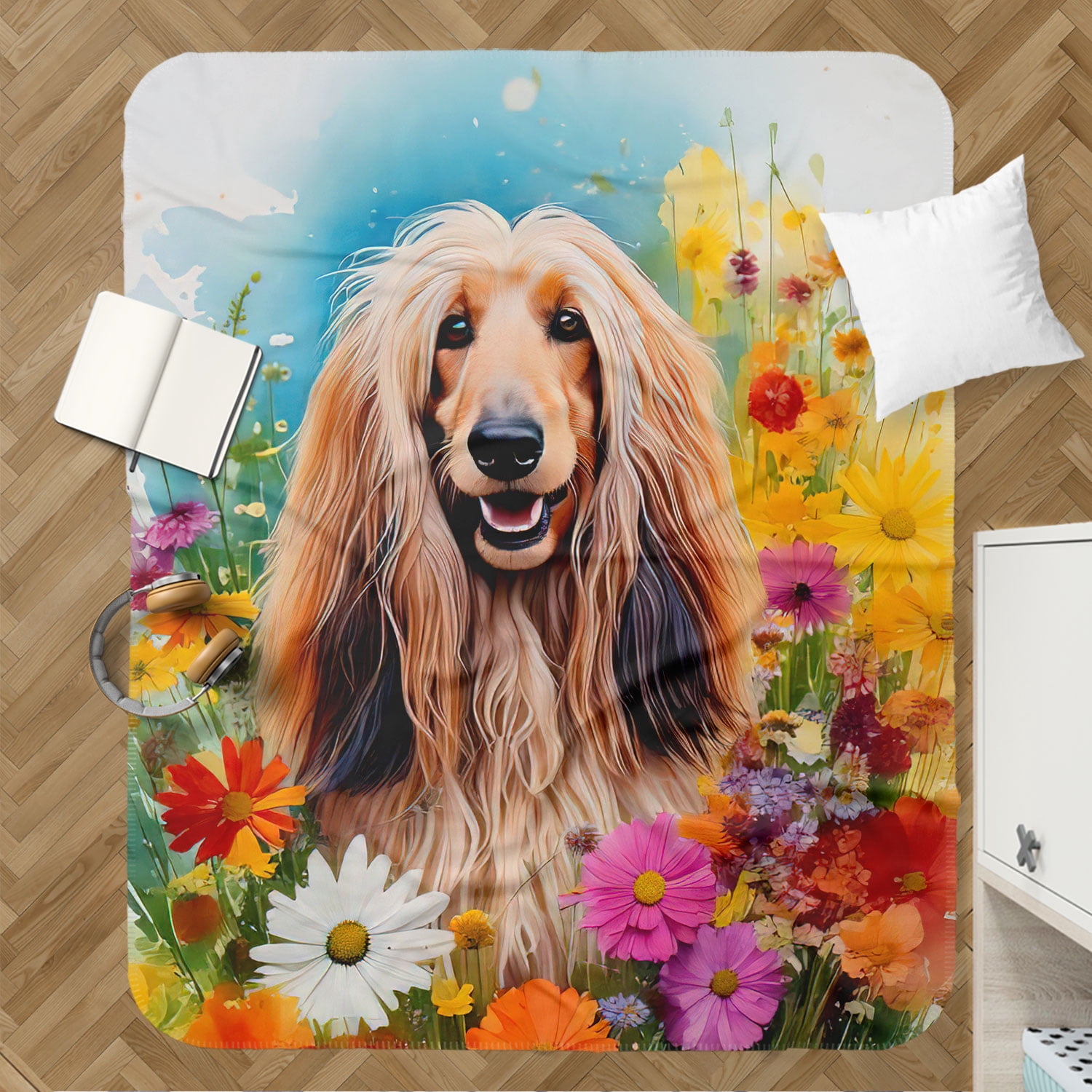 Welcome Spring Summer Afghan Hound Portrait Flower Blue Sky Cozy Sherpa Blanket Dog Lover Warm Soft Throw Blanket - 12001