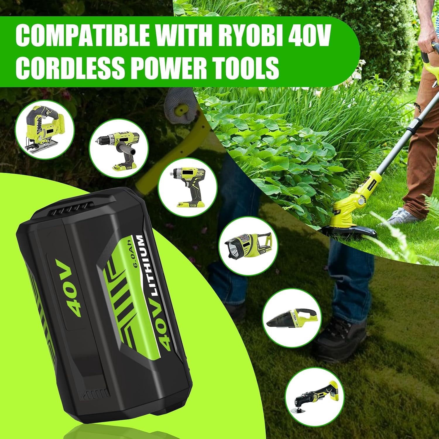 6.0Ah 40V OP4040 Lithium-lon Replacement for Ryobi Battery 40V Compatible with Ryobi Battery OP4050A OP40201 OP4026 OP40261 OP4030 OP40301 OP4050 OP4060