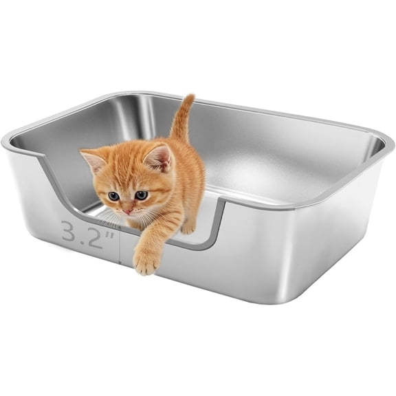 Low Entry Stainless Steel Litter Box for Small , Metal Kitty Litter Boxes for Kittens Injured Cats, Shallow Litter Pan for Small & Medium Pets, Easy to Clean, Non-Stick, 15.7"Lx11.8"Wx5.9"H