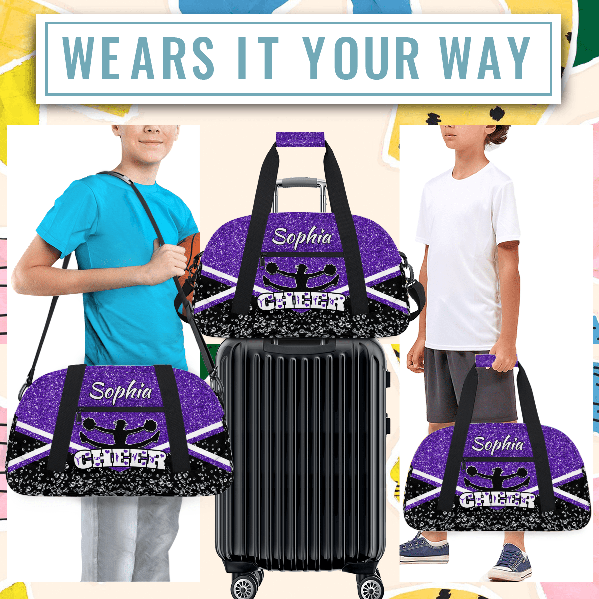 Jiaoprinted Personalized Cheerleader Bag Dance Bag, Custom Sport Gym Bag with Name, Customized Travel Duffel Bag for Cheer Team, Purple Glitter