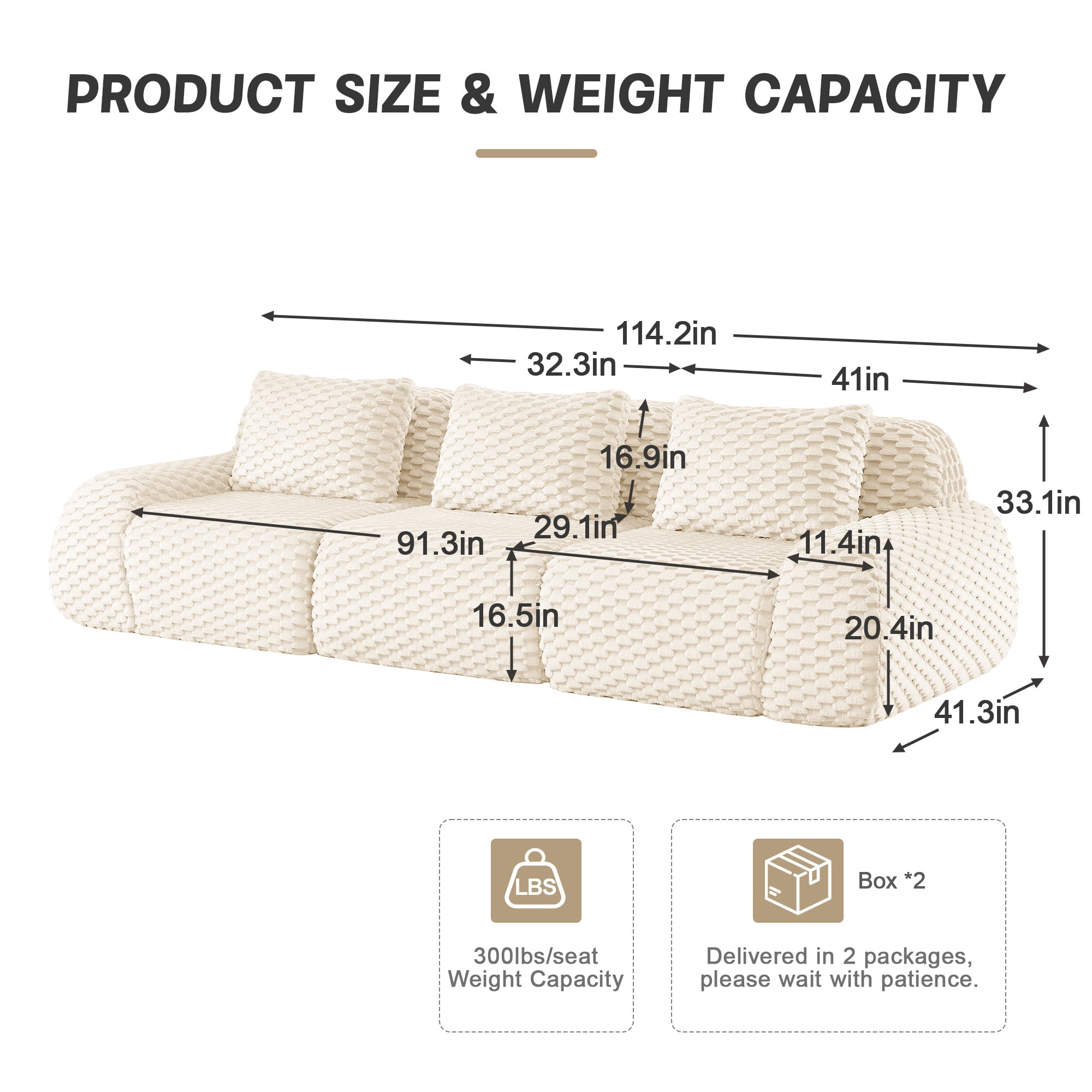 Aukfa 115" Overstuffed Cloud Sectional Sofa 3 Seat Modular Boneless Couch for Living Room, 3 Pillows, Flannel, Cream