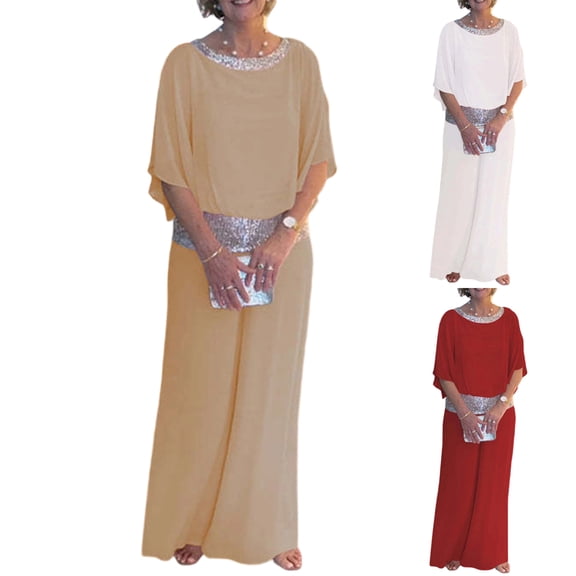 Youpwaven Women's 2-Piece Sequin Patchwork Outfit, Batwing Sleeve Round Neck Top & Wide Leg Pants Set for Party Cocktail Wedding Guest