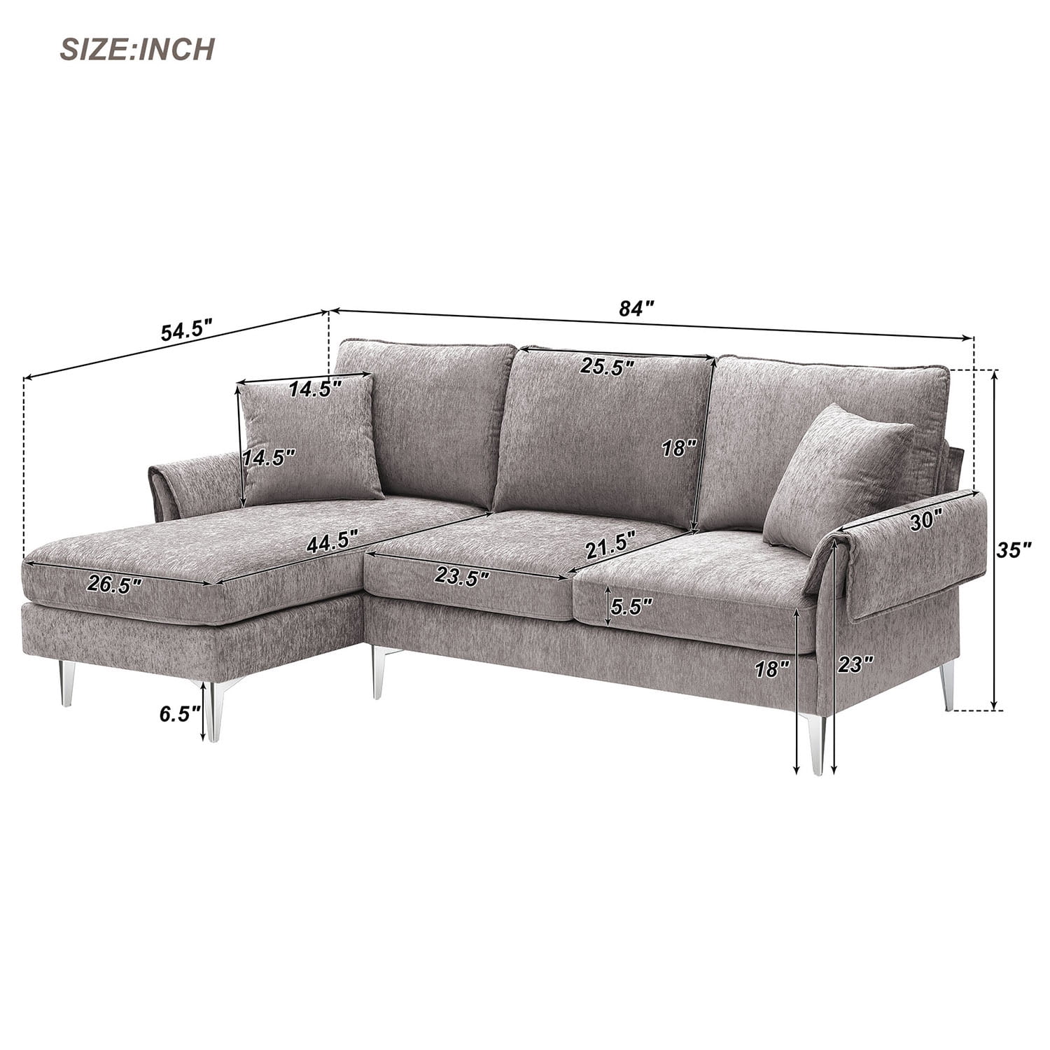 Kadyn 84 " Convertible Sectional Sofa, Modern Chenille L-Shaped Sofa Couch with Reversible Chaise Lounge and Pillows , Fabric Sofa for Living Room, Grey