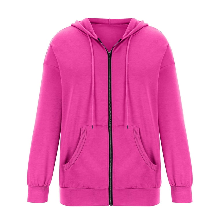 BLVB Women s Zip Up Hoodies Teen Girls Casual Solid Sweatshirt Fall Clothing Casual Drawstring Jacket with Pockets Hot Pink A3