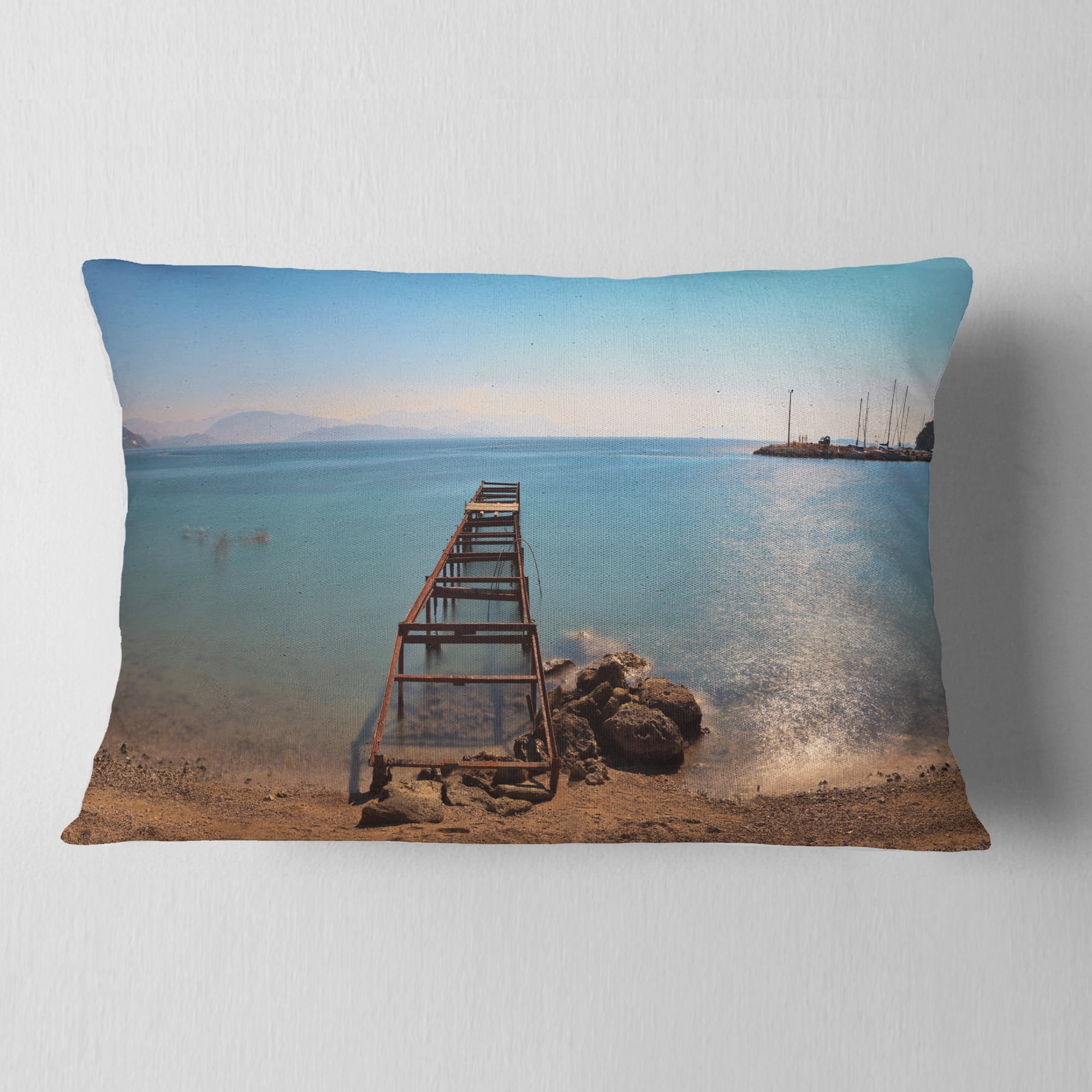 Designart Old Pier at Beach Panoramic View - Wooden Sea Bridge Throw Pillow - 12x20