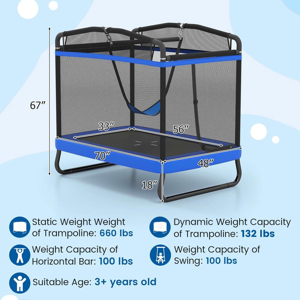 Resenkos 6 FT Kids Rectangle Trampoline with Swing & Horizontal Bar - Compact Indoor Outdoor Play Equipment - Blue