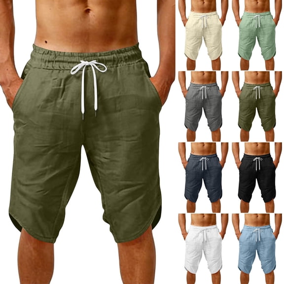 Mens Casual Soft Linen Long Shorts Knee Length Sport Running Lounge Work Shorts Capri Pant Summer Beach Casual Drawstring Shorts with Pockets Beige L