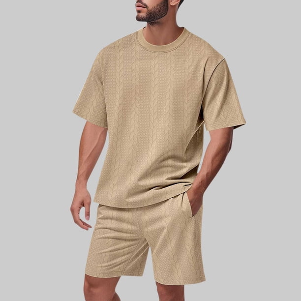 Ceisia Men's Loose Fit Jacquard 2-Piece Set Crew Neck Short Sleeve T-Shirt with Elastic Waist Drawstring Shorts Gifts