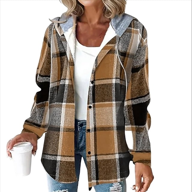 Camisas A Cuadros para Mujer, Chaqueta de Larga con Botones y Forro , Sudadera con Capucha, Blusa Informal de Moda. Marrón Oscuro XXL