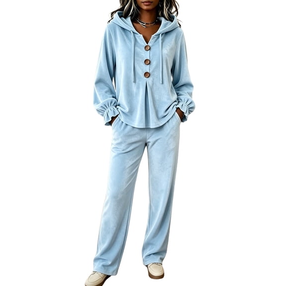 Szluipve 2 Piece Sets for Women Velour Tracksuit 2 Piece Outfits Hooded Henley Button Long Sleeve Top & Wide Leg Pants Casual Soft Loungewear Set with Pockets Sky Blue XL