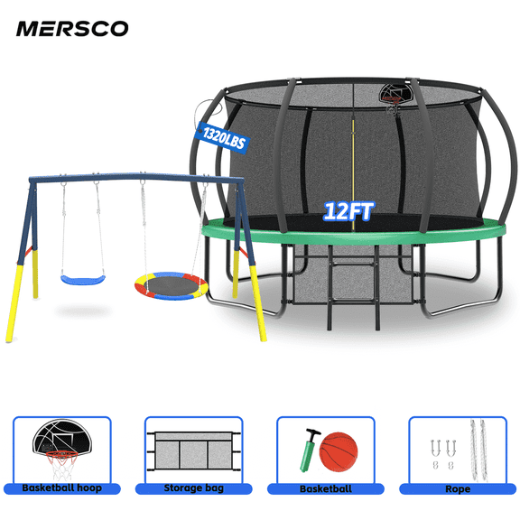 Mersco 12FT Heavy Duty Trampoline with Enclosure Net ,Swing Set Outdoor Big Trampoline for Backyard, Kids Trampoline with Basketball Hoop, Kids Birthday and Festival Gifts,Green