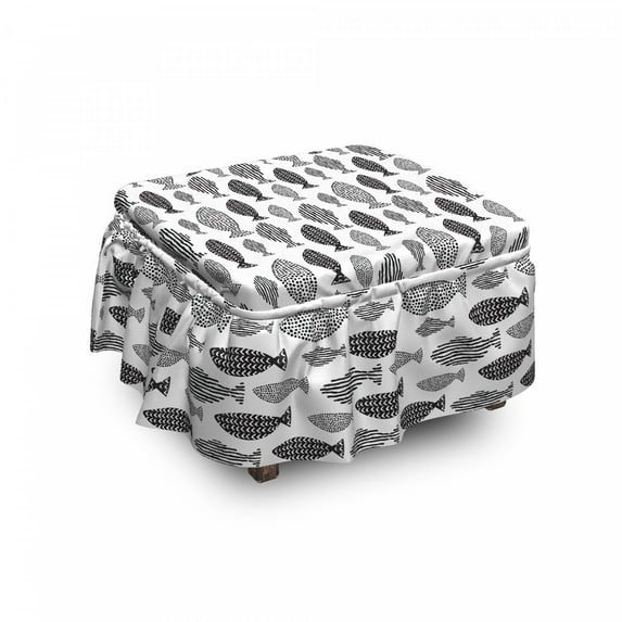 Fish Ottoman Cover, Sea Animals Black White, 2 Piece Slipcover Set with Ruffle Skirt for Square Round Cube Footstool Decorative Home Accent, Standard Size, Black White, by Ambesonne