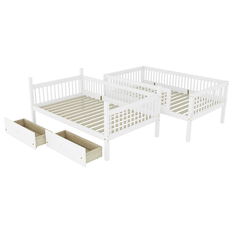 Twin-Over-Twin Wood Bunk Bed Convertible into 2 Platform Beds, Kids Storage Bed Frame with 2 Drawers, Ladder & Safety Guardrails