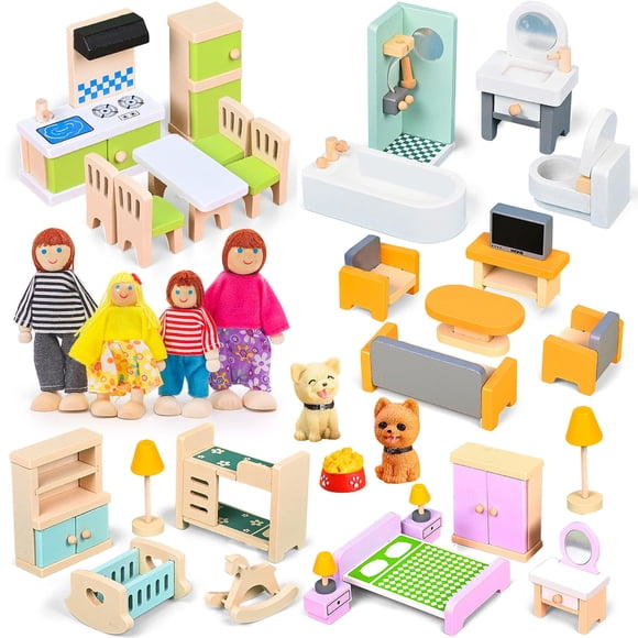 Juego de muebles de madera para casas de muñecas HAPGFS, 36 piezas con 4 muñecas