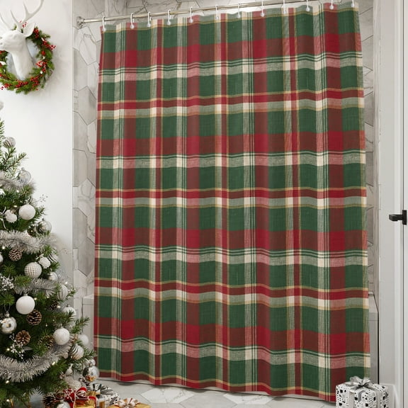 Shower Curtain,Christmas Tartan Green Red Waterproof Shower Curtain Set with Hooks for Bathroom Showers,Stalls and Bathtubs,36x72in,Xmas Buffalo Plaid