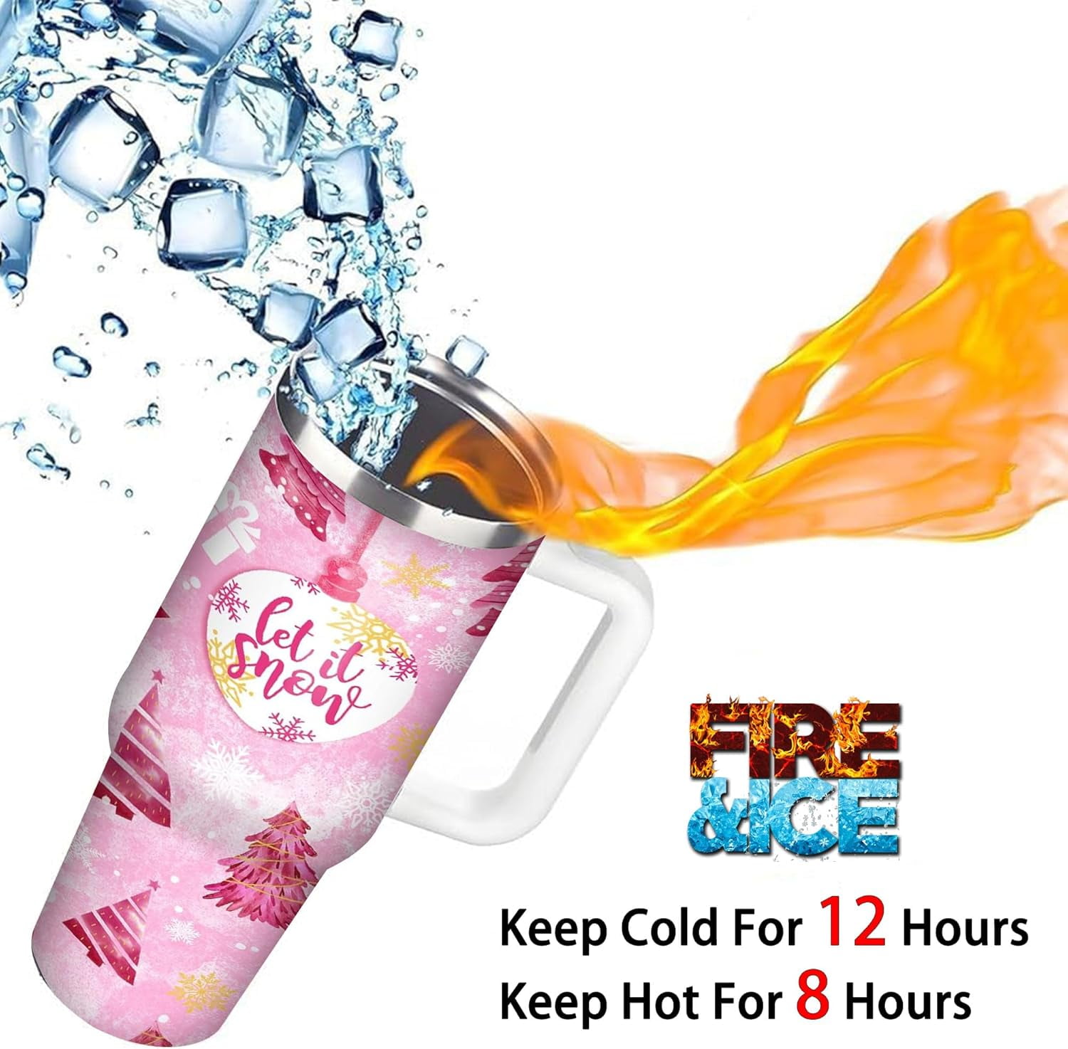 40oz Pink Christmas Tree Tumbler - Stainless Steel Insulated Mug with Handle and Straw, Christmas Gift for Women & Girls