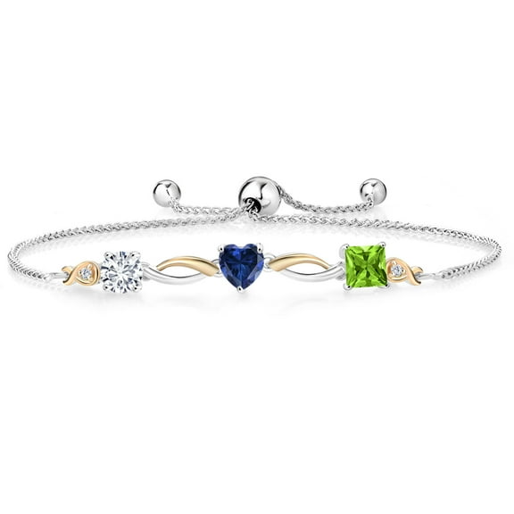 Gem Stone King 925 Silver and 10K Yellow Gold Blue Created Sapphire Green Peridot and Lab Grown Diamond Tennis Bracelet for Women By Keren Hanan (2.03 cttw, Adjustable up To 9 inch)