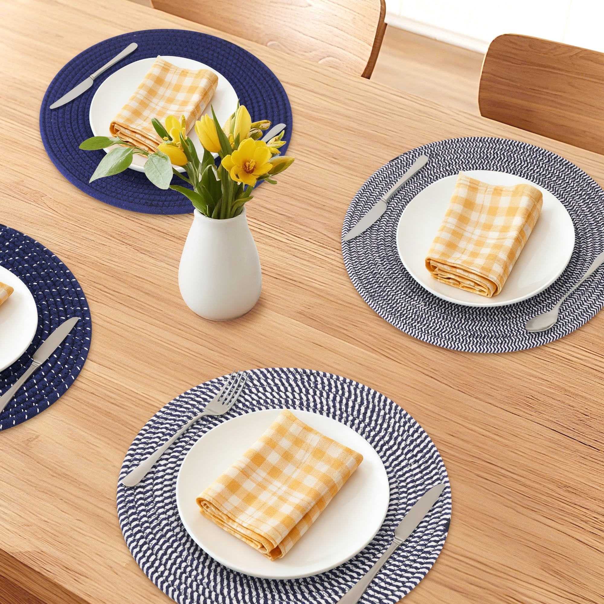 Unique Bargains 4Pcs Round Woven Table Placemats Navy Blue 13x13inch
