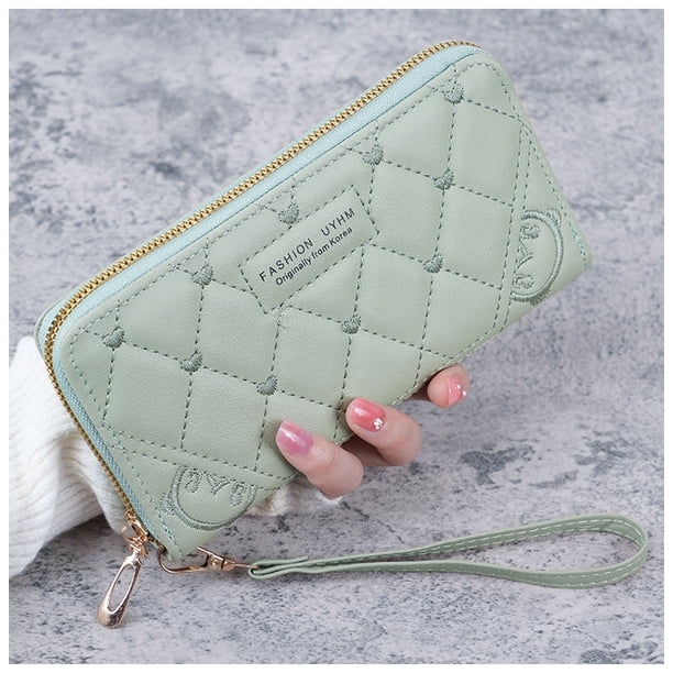 Cartera de mujer con bordado de color liso, bolso de mano, monedero, multifuncional