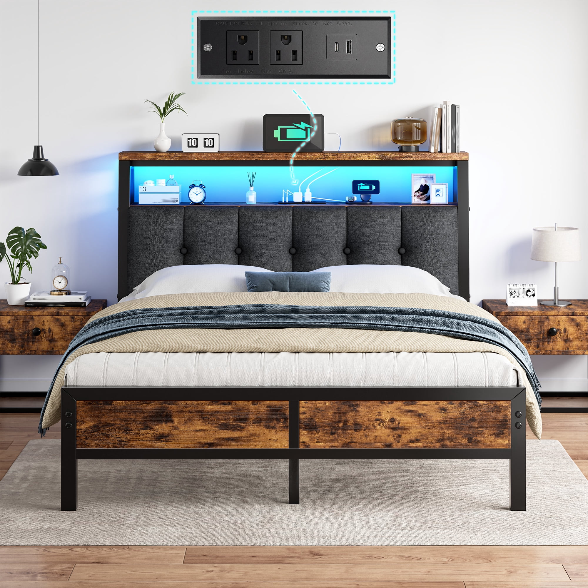 EnHomee Metal Platform Bed Frame Full Size with Headboard Upholstered Bed with 2-Tier Storage Shelf & Charge Station & LED Light,Rustic Brown