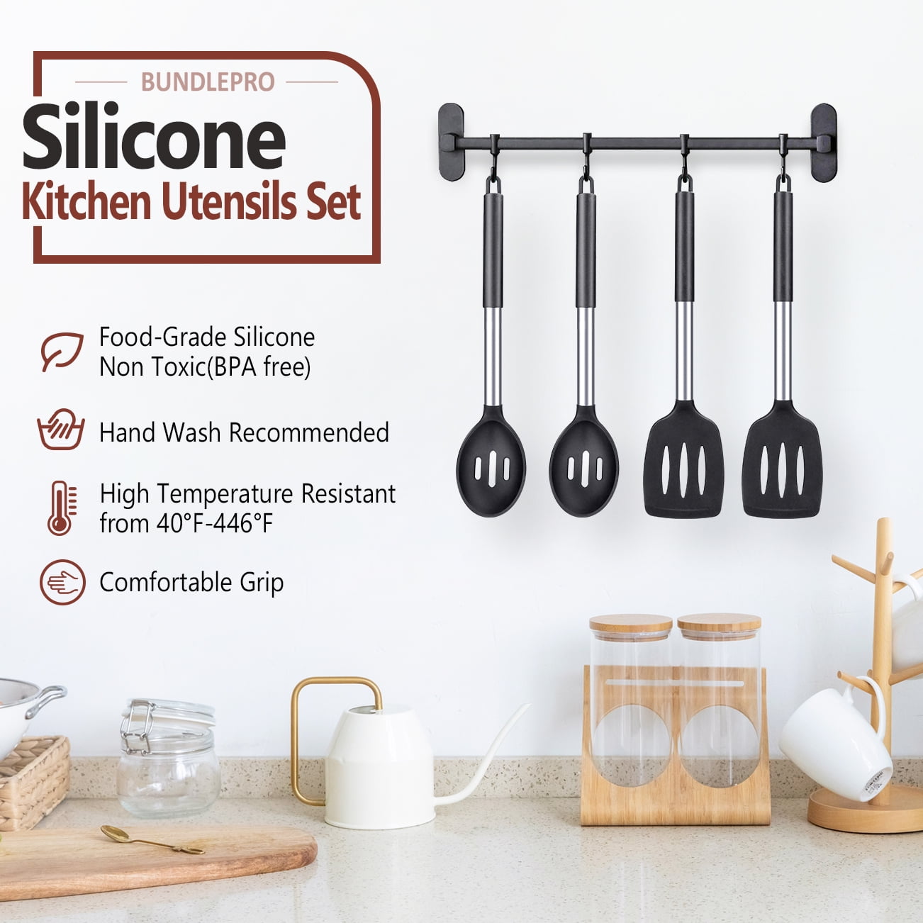 Bundlepro 4 Pack Silicone Home Kitchen Cooking Utensils Set, Solid Slotted Spatulas Spoons, Black